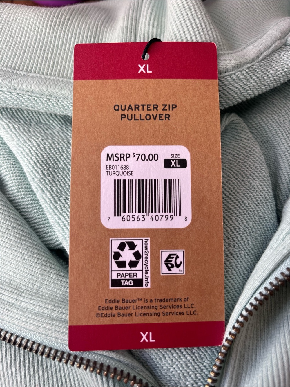 Eddie Bauer Fleece Quarter Zip Pullover Sweatshirt Mint Green XL NWT - Picture 7 of 9
